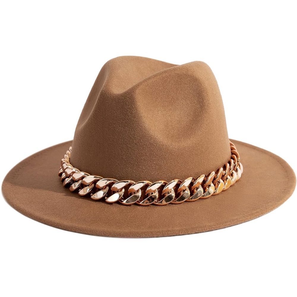 Tan hat with gold chain band
